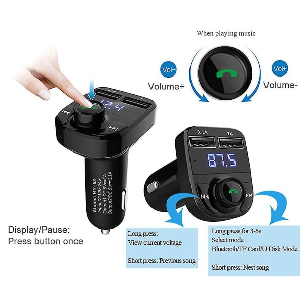 Bil Bluetooth Fm Transmitter Dobbelt Usb Hurtig Oplader Mp3 Musikafspiller Håndfri Tf-kort (FMY)