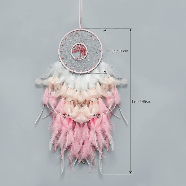 Tree Of Life Dream Catcher vaaleanpunainen höyhenseinäkoriste, jossa on luonnollinen parantava kristallikive, täydellinen käsintehty kodin sisustus ja makuuhuoneen sisustus