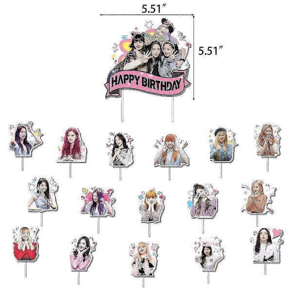 Blackpink -juhlatarvikkeet faneille syntymäpäiväjuhliin - 1 Blackpink -juhlalippu 18 Blackpink -juhlatäytettä 17 Blackpink -kakkukoristetta (FMY) Set A