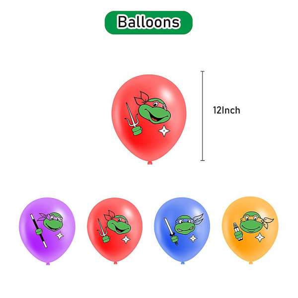 Teini-Mutanttininjakilpikonnat -teemainen lasten syntymäpäiväjuhlatarvikepaketti, lippu, ilmapallot, kakun ja kupkakenkien koristeet (FMY)