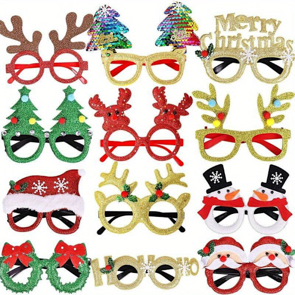 12 stk. Levende Julefest Briller Rekvisitter Sæt - Holdbar, Nyhed Jul Julefotoboks Brillerammer med Generel Pasform, Ingen Fjer, (FMY) 12pcs