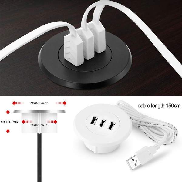 5cm Grommet Hull In-desk Montering 3 Ports USB Ladehub For Mobiltelefon Tablett (FMY) White