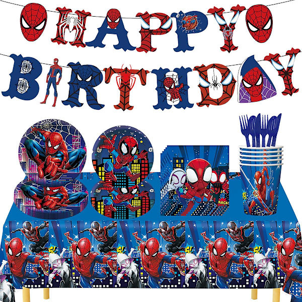 Spider-Man -teemainen syntymäpäiväjuhlatarvikkeet - Super sankari vetolippu paperilautanen paperikuppi pöytäliina taustakangas setti (FMY)
