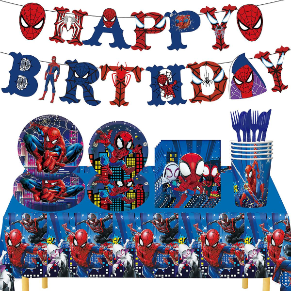 Spider -man tema fødselsdagsfest Dekorative forsyninger Superhelte Pull Flag Papirplade Papir Cup Dug Baggrundsklud Sæt (FMY)