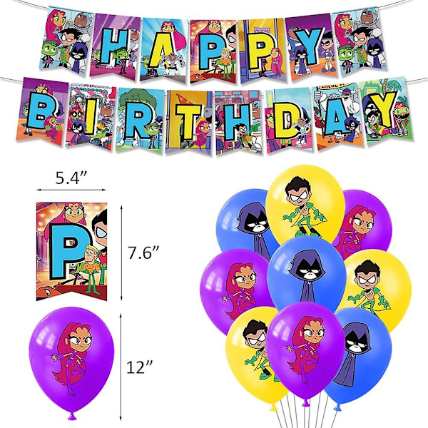 Lasten syntymäpäiväjuhlatarvikkeet Teen Titans Go -piirrettyteemaisella bannerilla, ilmapalloilla ja kakku/kupkakakku-koristeilla (FMY)