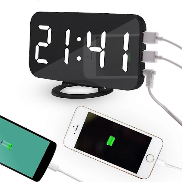 Digital väckarklocka med spegelyta, dubbla USB-portar och LED-display för kontor och hem (FMY) Black and White