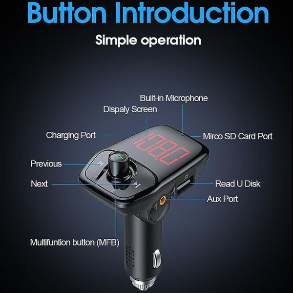 Bil Bluetooth Fm-sändare USB -laddare Mp3-spelare Adapter Handsfree Bilsats med spänningsdisplay stöd U Disk Tf Card Aux Input (FMY)