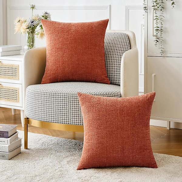Pakke med 2 putetrekk til sofa 45*45CM Myke brente oransje chenille putetrekk for sofa stue Solid farget putetrekk (FMY)