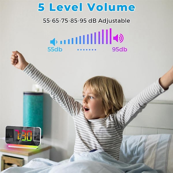 Projektionsvækkeur, 7,4 tommer LED-spejl digitale ure display, +180 roterbar projektor, natlys hvid (FMY)