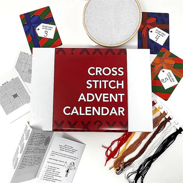 Julekrydssting Adventskalender 2023, Julegave 24 Dages Nedtælling Broderi Kit Kalender, Syning Adventskalender Gave Til Kvinder Piger Begyndere (FMY) Red