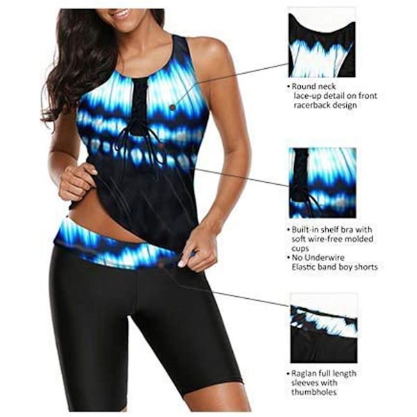 Dametankini med Racer Ryg, Farveblokke Print, Tannini, Badebukser, Sort L (FMY)