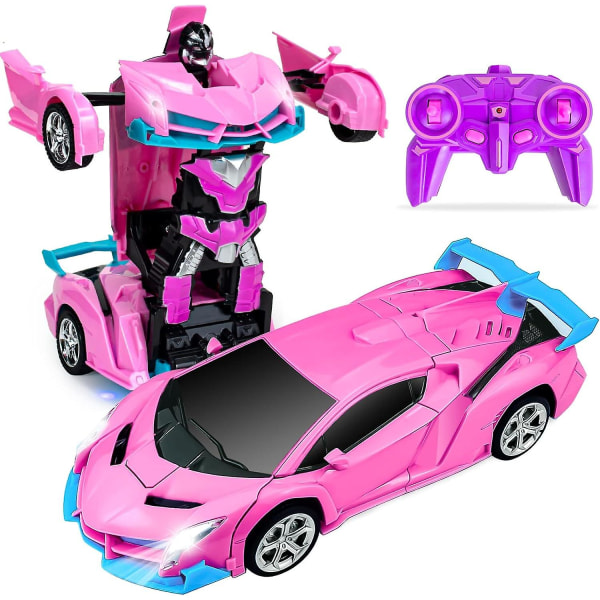 Fjernbetjeningsbil, Transformation Car Robot Rc-biler til børn Drenge Piger Gave, 2,4 g 1:18 Racerbil med en-knap Pink (FMY)