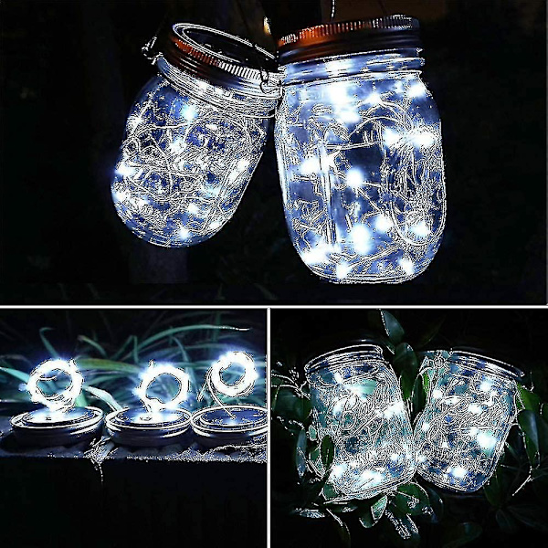 20 LED 10 Pakkaa Mason Jar -kansi Aurinkokennovalot Ripustuskoukulla Mason Jar -satumainen Puutarha Patio [ilman purkkia] (FMY) white
