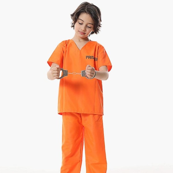 Kids Prisoner Costume Orange Prison Jumpsuit Pojke Cosplay Kostymer för Vuxen Juil Criminal Outfit (FMY)