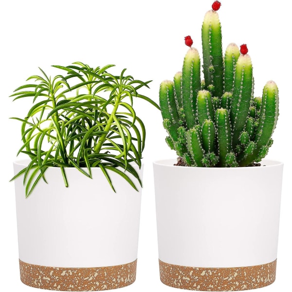 Set med 2 krukor 12 cm, växtkrukor inomhus med dräneringshål och avtagbar bas, modernt dekorativt fat för plantering utomhus (vit 12 cm) (FMY)