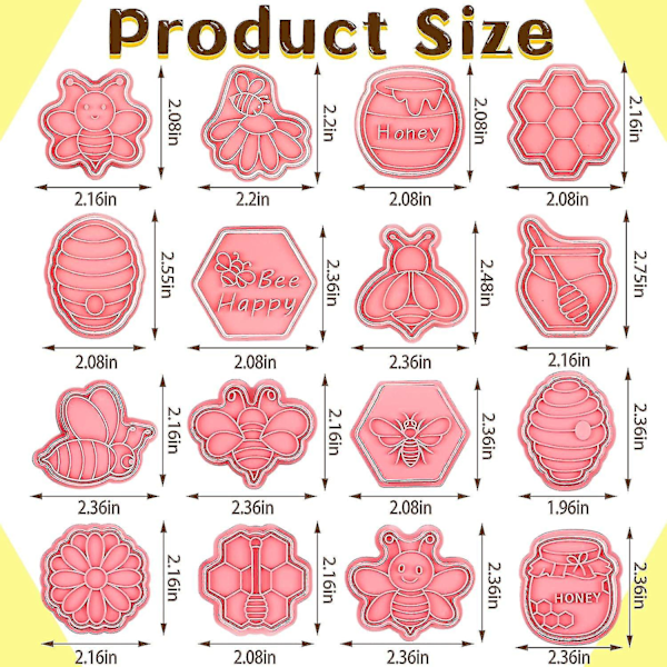 16 stk Bie-Kakeutstekere med Stempler Sett Mini Bie Honningkake Kake Stempler 3D Plast Kjeksform Fondant Kake Stempler for Kjeks (FMY)