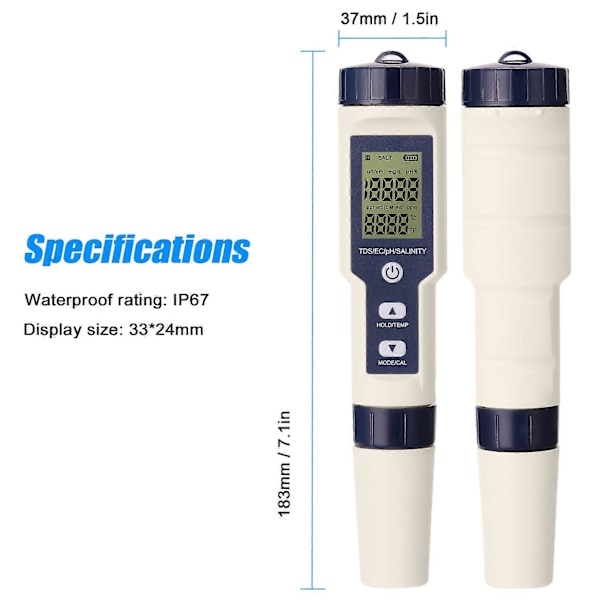 5 i 1 Professionell Multi-parameter Combo Testmätare PH/EC/TDS/Salthalt/Termometer Digital Multifunktionell Vattenkvalitetstestare (FMY)