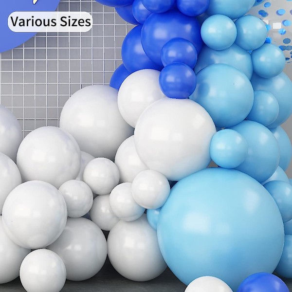 Blå ballonguirlande, 115 stk. Mørk og lyseblå hvid metallisk konfetti blå latexballoner, 5 10 12 18 tommer forskellig størrelse (FMY)