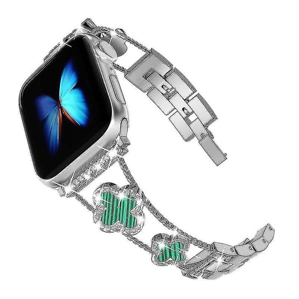 Roséguld-svart fyrbladigt strass metallrem för Apple Watch-storlek, färg: 42-44-45 mm, silver-grön
