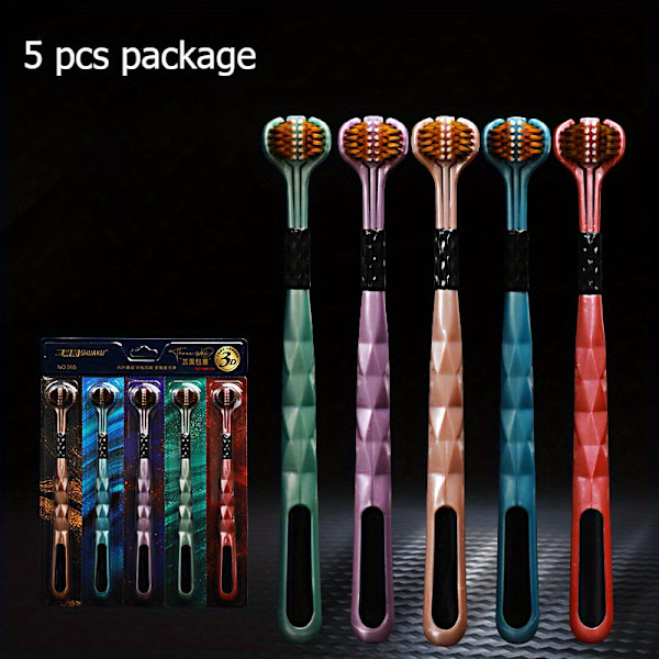 5-pakkauksen pehmeäharjainen hammasharja kolmella sivulla syväpuhdistukseen hampaille ja ikenille, kieliraapimella, polypropeeniharjakset, aikuisille 18+ (FMY) 5 pcs toothbrush