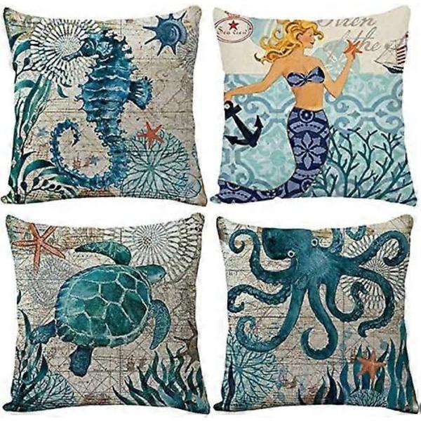 4 stycken kuddfodral 45 x 45, maritim tema dekorativa kuddfodral i bomullslinne, soffkuddfodral, utomhus trädgårdsdekoration (FMY)