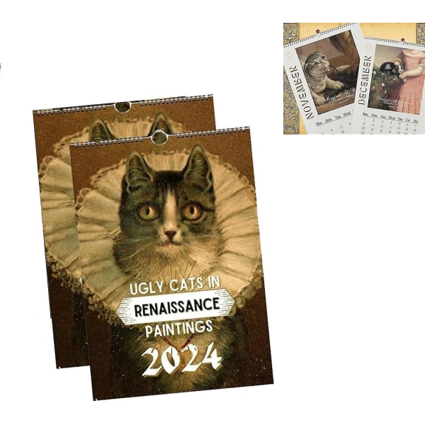 Kattevægkalender 2024, Grimme katte i renæssancemalerikalender 2024, sjov renæssancekattekalender, 12 måneders kattekalendere (FMY) 2pcs