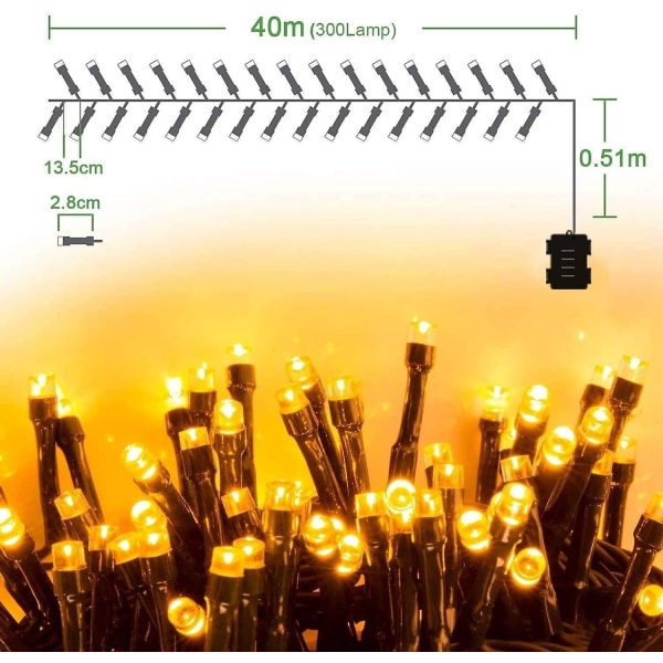 Batteridrevne LED-lysstreng Fairy Lights 40m, 300 Varmt Hvide LED'er (FMY)