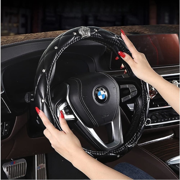 Bling Crown nahkainen ohjauspyörän cover Naisten kristalli strassikiviä Timanttiohjaussuojukset 15 tuuman luistamaton auton suojavaruste (musta) (FMY)