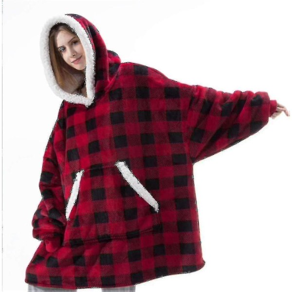 Teppe Genser Oversized Hoodie Bærbar Teppe Myk Varm Komfortabel Gigantisk Frontlomme S  (FMY) Red and black check