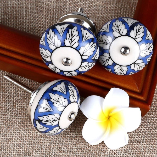 6 delar vintage shabby knoppar blå och vit blommig handmålad keramik pumpa skåp Garderob Skåp Låda Dörrhandtag (FMY)