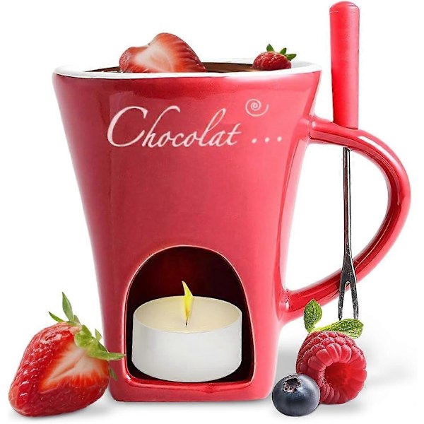 Chokladfondue Mugg Kaffekopp Chokladsmältningsmugg med Gaffel Fonduegryta Värmare Mugg Godis Hot Pot för Godis Ost Matlagning Dessert (FMY) red