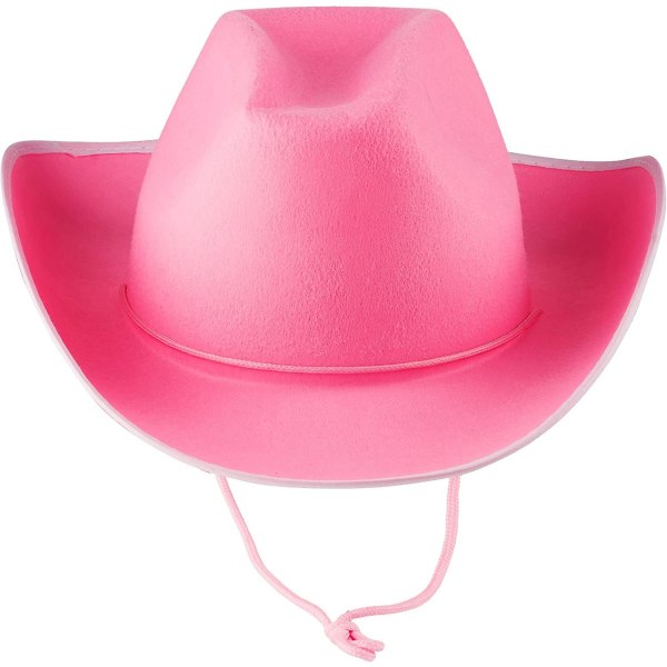 Vaaleanpunainen Cowgirl-hattu - Hattu valkoisella reunuksella ja säädettävällä kaulanauhalla, sopii useimmille naisille ja tytöille (FMY)