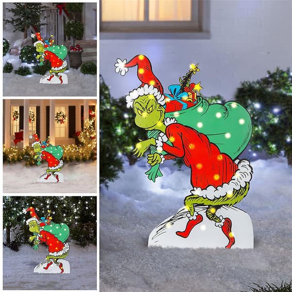 Julelysende Grinch-skilt med pæl til haven - Udendørs festlig julepynt (FMY) C