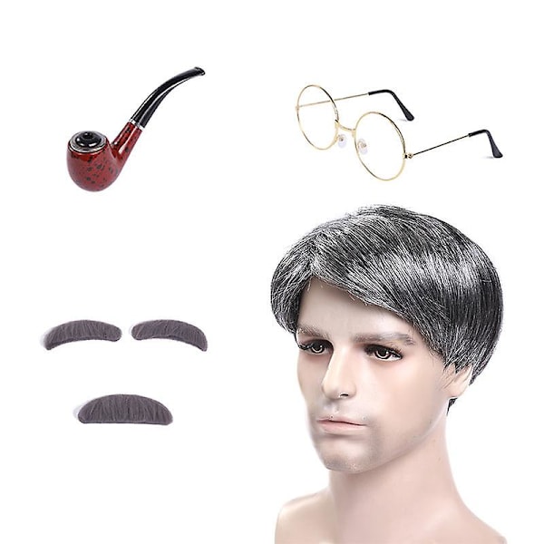 Cosplay Pappa Peruukki Parta Halloween Keski-ikäinen Ja Vanhus Hopea Musta Peruukki Lava Pukeutumisperuukki (FMY) Grandpa's four-piece set
