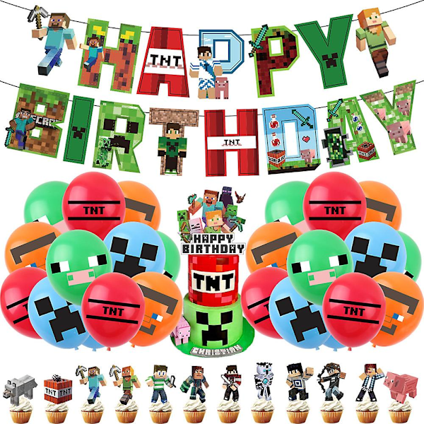 Minecraft-tema bursdagsfestforsyninger ballongsett banner cupcake kaketopper dekorasjon (FMY)