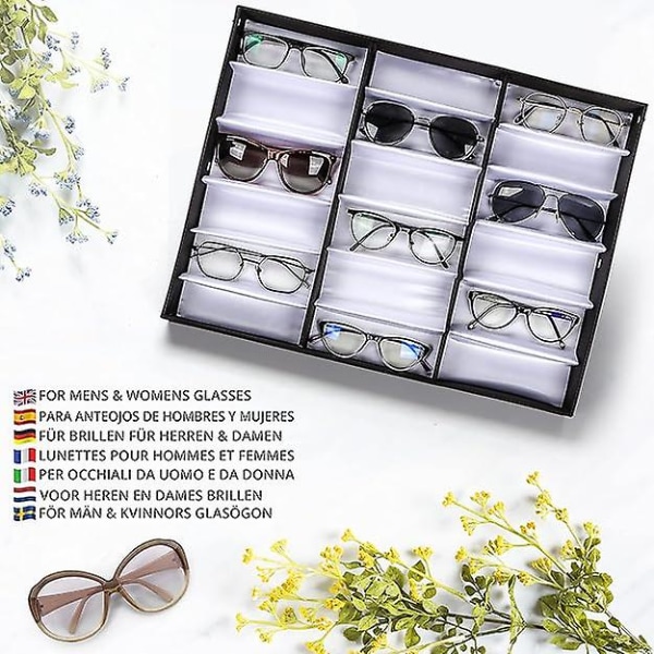 Låsbar solbrilleskjerm med organiseringsboks 18 rom for 18 briller 18 spor for solbriller, briller og briller (FMY)
