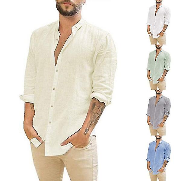 Skjorter med lange armer i lin Button Down sommerskjorter for menn (FMY) white M
