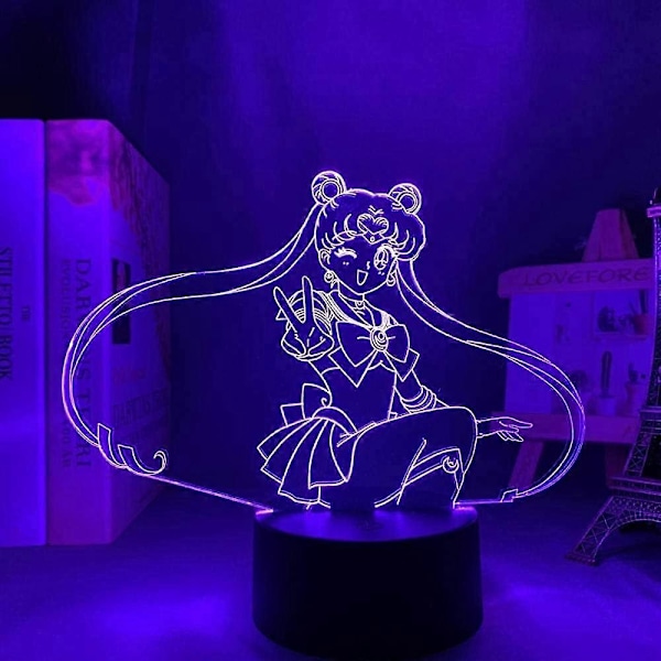 Sailor Moon 3D Nattlampa, Akrylpanel ABS Bas USB-Kabel Illusionseffekt Flerfärgad Fjärrkontroll Lampa Gåva för Anime-älskare (Färg : (FMY)