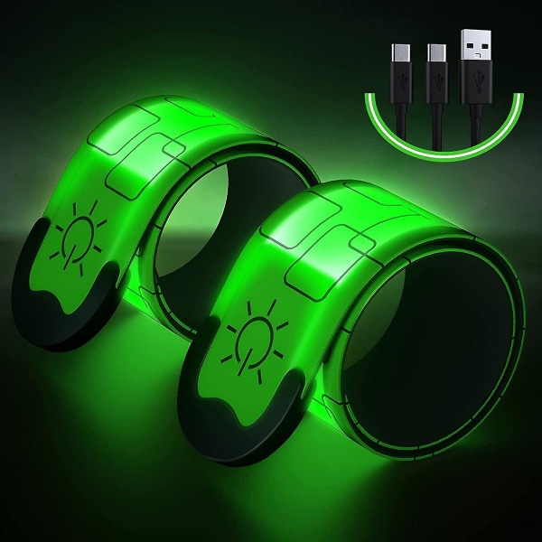Opgrader LED-armbånd til løb (2-pak), USB-genopladelige reflekterende armbånd, lysbånd med høj synlighed til løbere (grøn) (FMY)