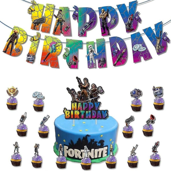 Fortnite spiltema Fødselsdagsfestudstyr Ballonsæt Banner Cupcake Cake Toppers Decoration (FMY)