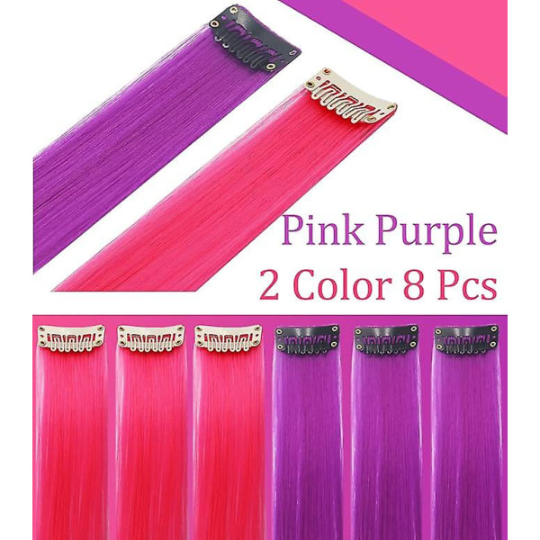 21'' 8 stk rosa lilla hårstykker for jenter Princess Party Highlight Farget hårforlengelser klips inn/på for jenter og barn parykk for dukker (FMY)