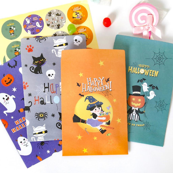 24 kpl Halloween Candy Paperipussit etikettitarroilla Sarjakuva Pumpkin Ghost Print herkku- tai temppupakkausjuhlien suosikit (FMY)