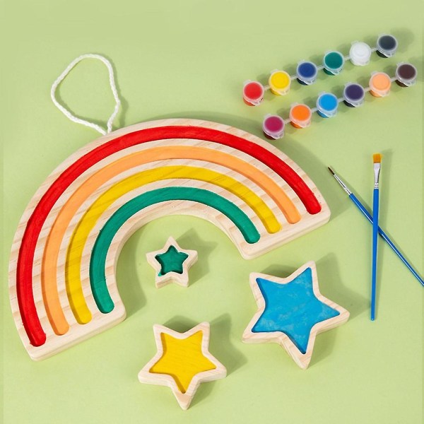 Trähantverk att måla barn Pedagogisk leksak Regnbågsstjärnor Set Festfavorit Födelsedagspresent för pojkar Flickor i åldrarna 3+ (FMY)
