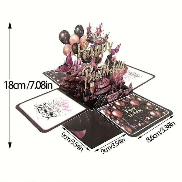 3D Pop-Up Tillykke med fødselsdagen Hilsenskort Sæt med Konvolut - Tegneserie Mønster, Papir Materiale, Fødselsdag Anledning, Laser Skåret Design, Universal R  (FMY) Black, Golden and pink birthday
