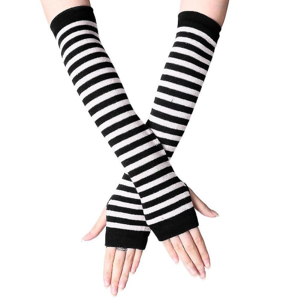 Handledsvärmare för kvinnor, långa handskar med fingerlösa randiga handskar (FMY) White and Black