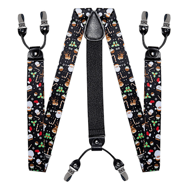 Julegave til mænd - Elastiske seler med justerbar sort butterfly-sløjfe, manschetknapper, juletræ, julemand, Y-formet bagside, brede stropper, metalclips (FMY) BD-4051