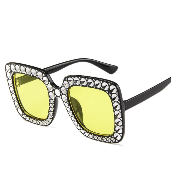 Aveki Oversize Square Sparkling Sunglasses Retro Thick Frame Solbriller, svart-gul (FMY)