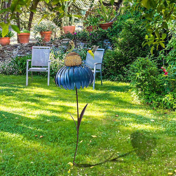 2 stk. Sensation Kornblomst Fuglefoder Outdoor Premium Stående Fuglefoder Metal Blomst Pæl Stativ (FMY) Red  Blue