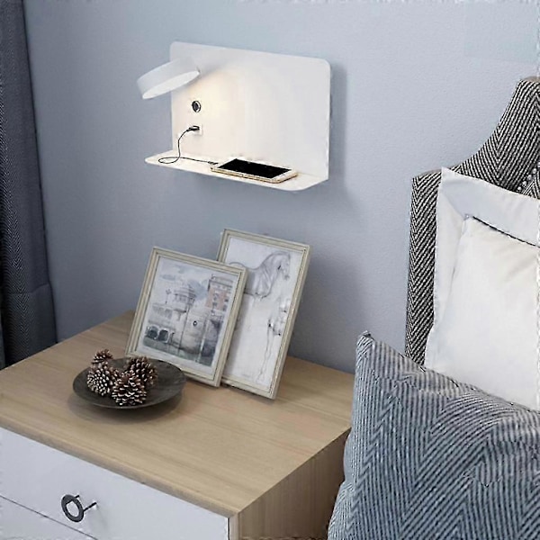Yöpöydän seinävalaisimet makuuhuoneeseen USB-portilla ja tarjottimella, modernit seinälukuvalot hotelliin, olohuoneeseen, käytävään ja ravintolaan (FMY) white large left