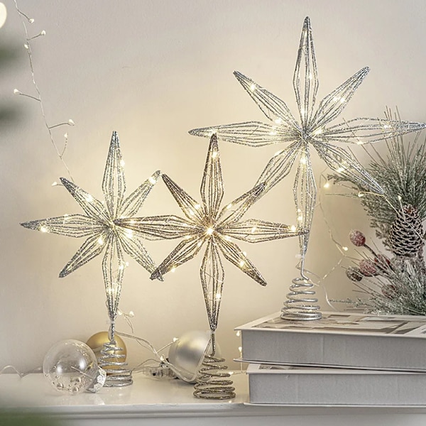Julgrans Topp Glitter Guld Stjärna Julgrans Topp Upplyst med Varma Vita LED-lampor för Semesterdekoration Fest Inomhus Deko (FMY) 25cm Silver LED